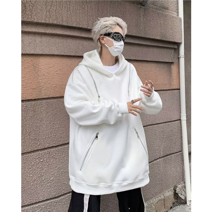 Mới Áo hoodie cotton Dáng Rộng Phối Khóa Kéo Phong Cách retro Mỹ Cho Nam Nữ