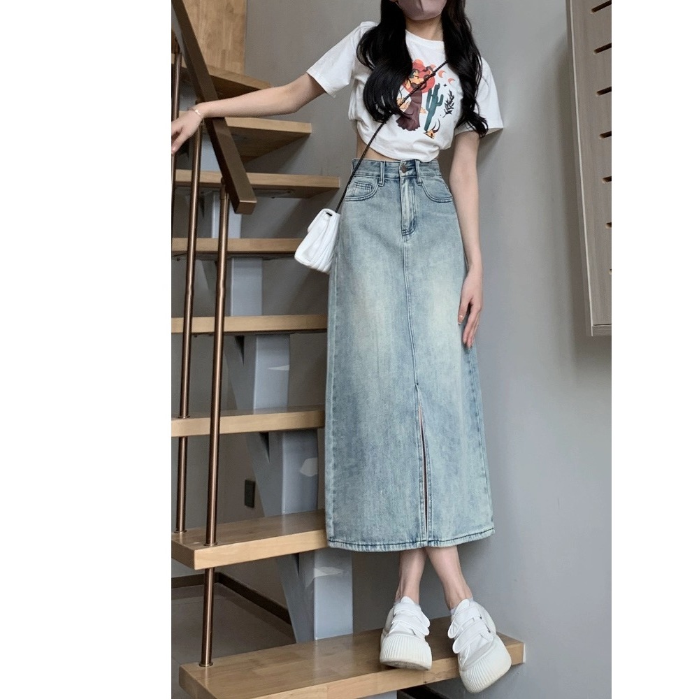 Chân Váy Jean Chữ a Lưng Cao Màu Xanh Nhạt Phong Cách vintage Thời Trang Mùa Hè Cho Nữ