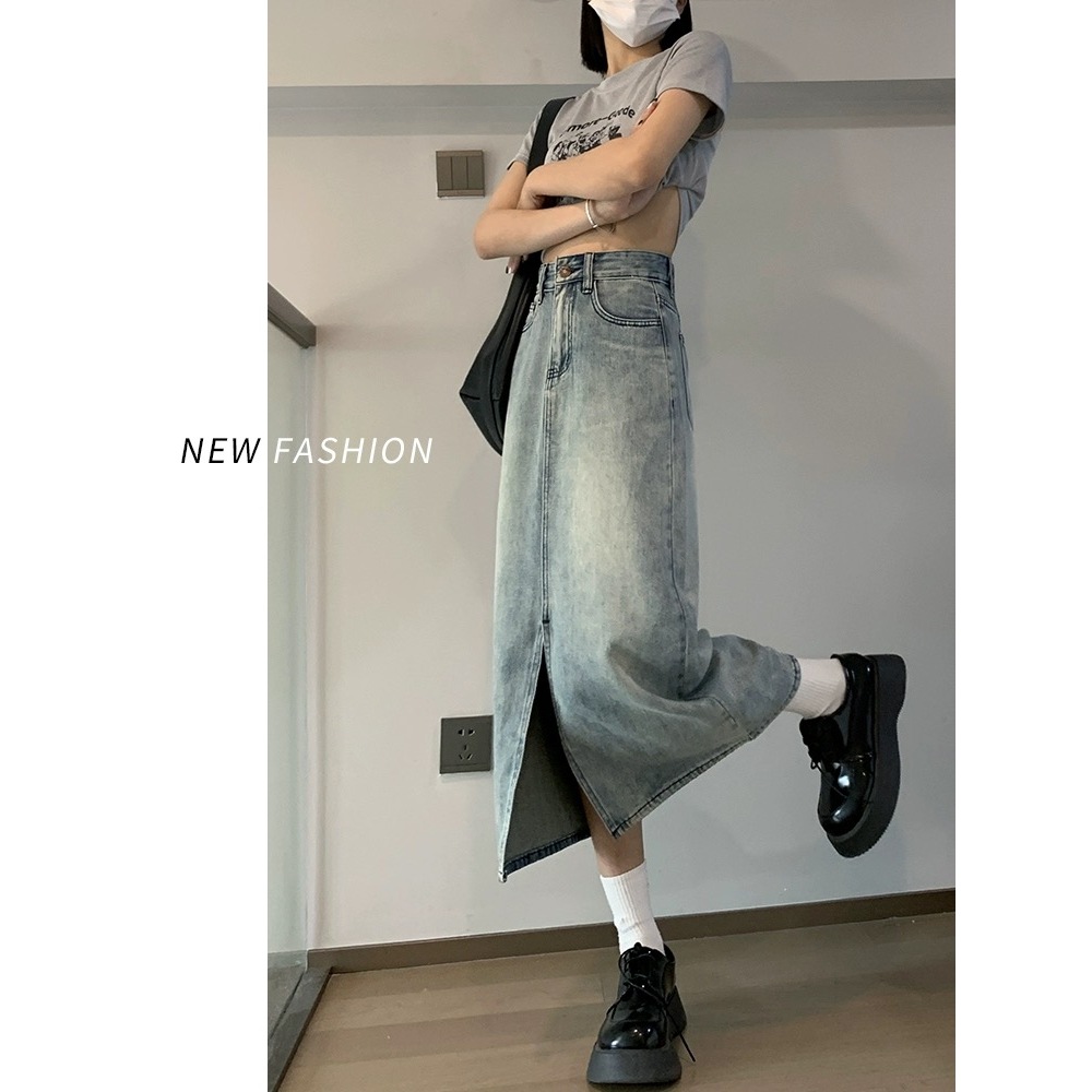 Chân Váy Jean Chữ a Lưng Cao Màu Xanh Nhạt Phong Cách vintage Thời Trang Mùa Hè Cho Nữ