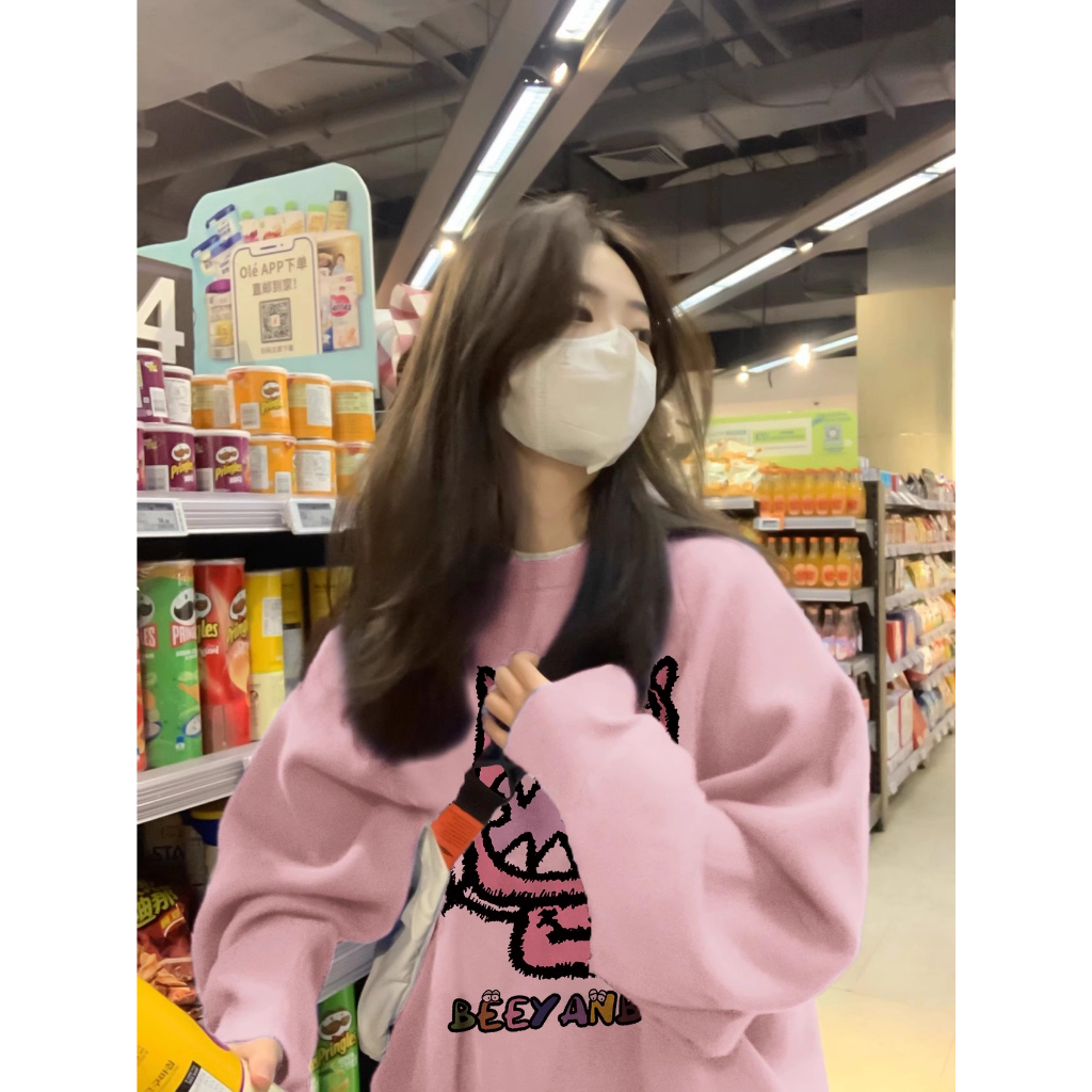 Áo sweater Cổ Tròn Tay Dài Dáng Rộng Màu Hồng Thời Trang retro