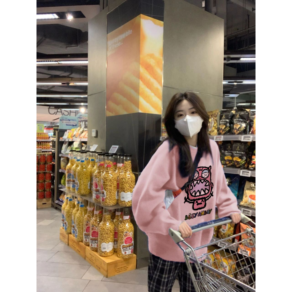 Áo sweater Cổ Tròn Tay Dài Dáng Rộng Màu Hồng Thời Trang retro