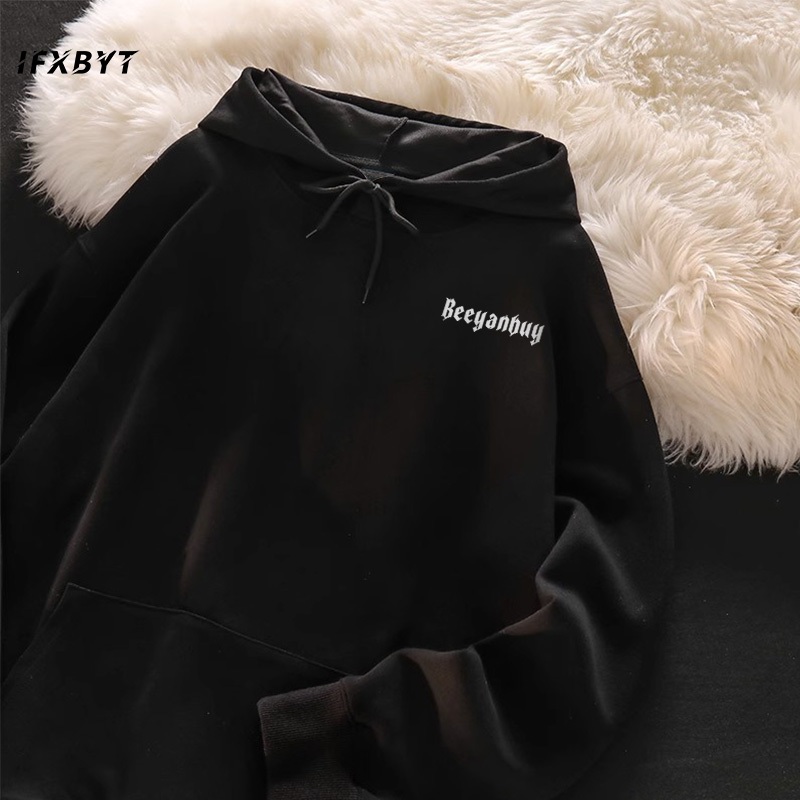 Áo Hoodie Cotton đen mùa thu và mùa đông IFXBYT áo nỉ tay dài thời trang in hình vintage  unisex 100% cotton-Y0497