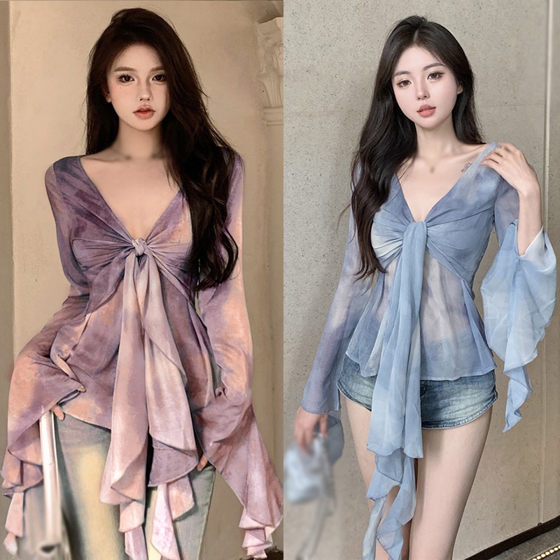 Áo Sơ Mi Chiffon Tay Dài Cổ Chữ V Thời Trang Mùa Hè Quyến Rũ Cho Nữ