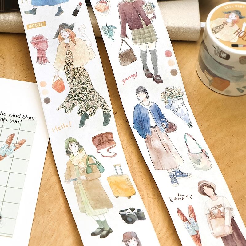 Mr. Paper 300cm/cuộn Washi băng Ins art Cô gái nhân vật Băng keo Tài liệu ghép tài liệu tay golem DIY cup Tấm thiệp điện tử Nhật ký Trang trí băng Niêm phong dán