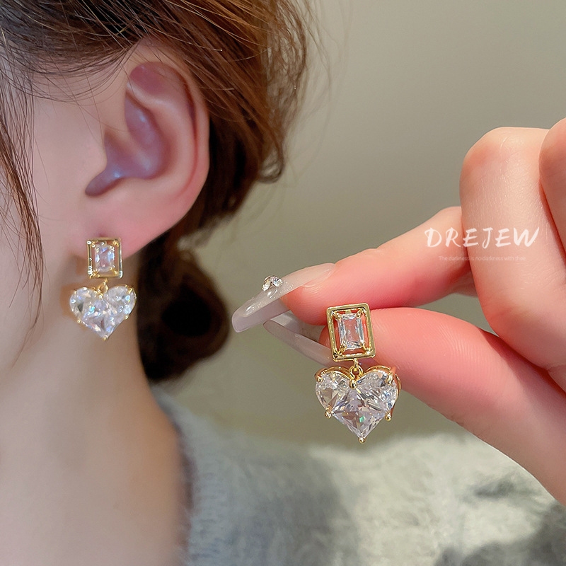 Drejew Bông Tai Mạ Bạc 925 Đính Đá zircon Hình Vuông Trái Tim Phong Cách Hàn Quốc Ngọt Ngào Sang Trọng Dị Ứng Hàng Ngày