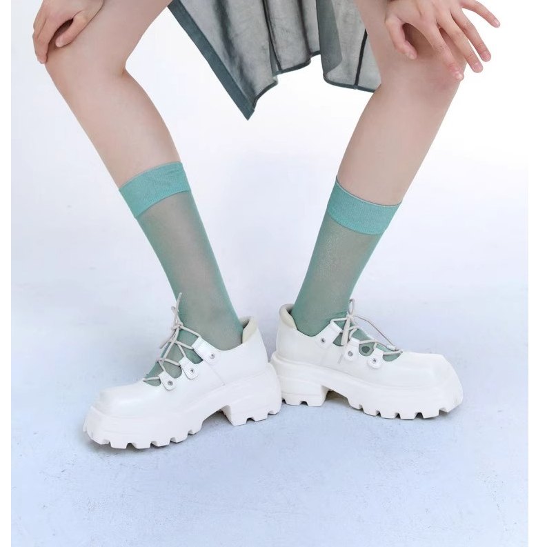 Giày mary jane Mũi Vuông Đế Dày Tăng Chiều Cao Bằng Da denim Màu Trắng Phong Cách Nhật Bản Cho Nữ