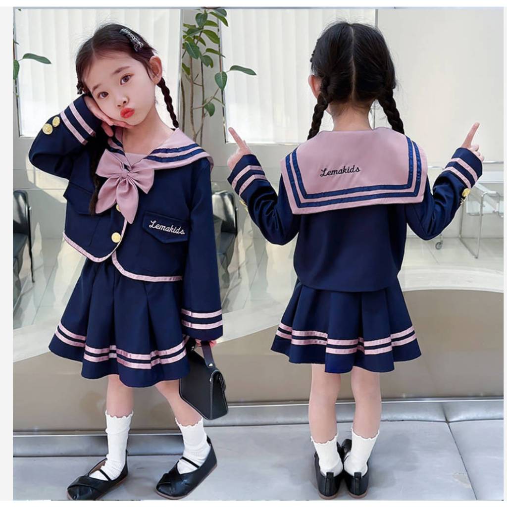 Bộ Đồng Phục Học Sinh Áo Tay Dài Cổ Thủy Thủ + Chân Váy Xếp Ly Đính Nơ Xinh Xắn Cho Bé Gái