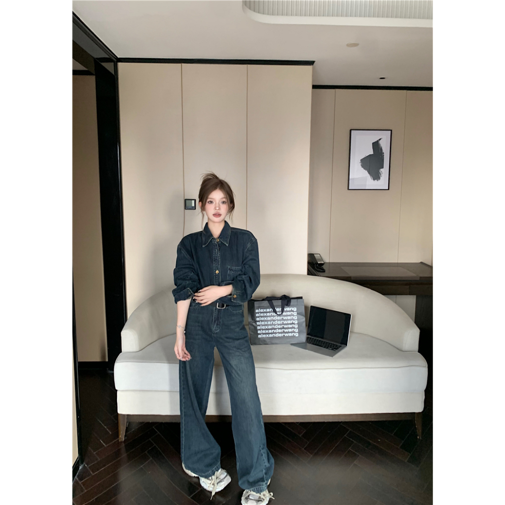 Set Áo Sơ Mi denim Dài Tay Cổ Bẻ + Quần denim Dài Ống Rộng Thời Trang Nữ