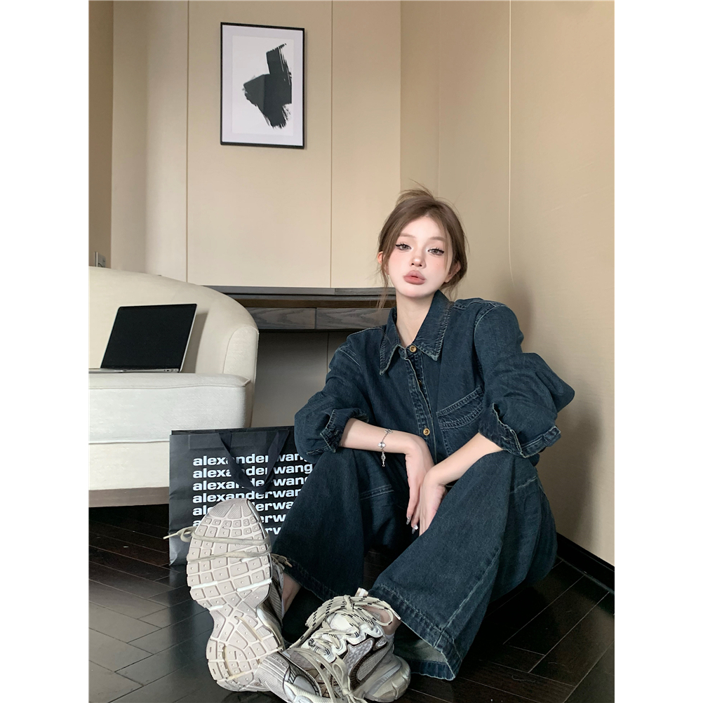 Set Áo Sơ Mi denim Dài Tay Cổ Bẻ + Quần denim Dài Ống Rộng Thời Trang Nữ