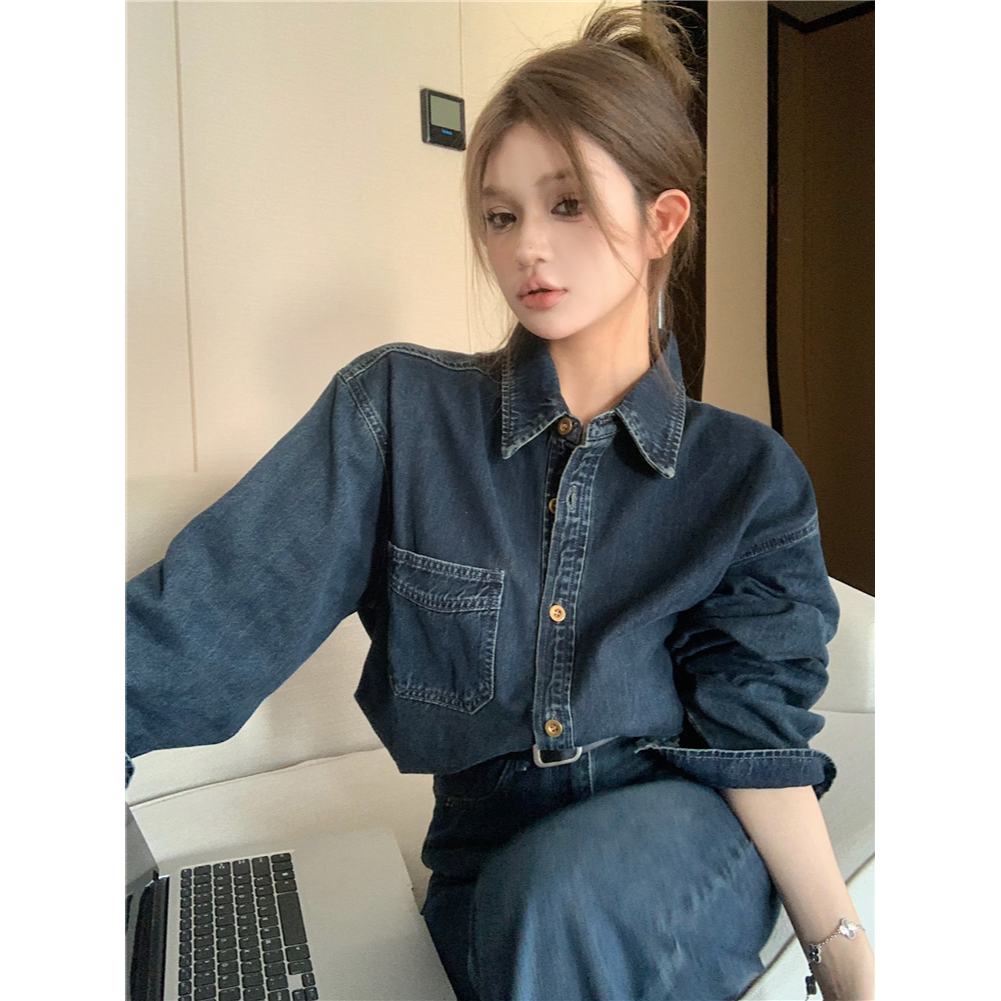 Set Áo Sơ Mi denim Dài Tay Cổ Bẻ + Quần denim Dài Ống Rộng Thời Trang Nữ