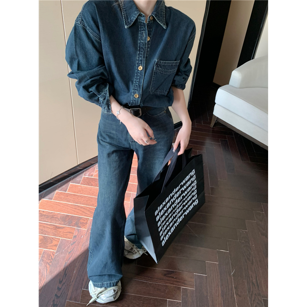 Set Áo Sơ Mi denim Dài Tay Cổ Bẻ + Quần denim Dài Ống Rộng Thời Trang Nữ