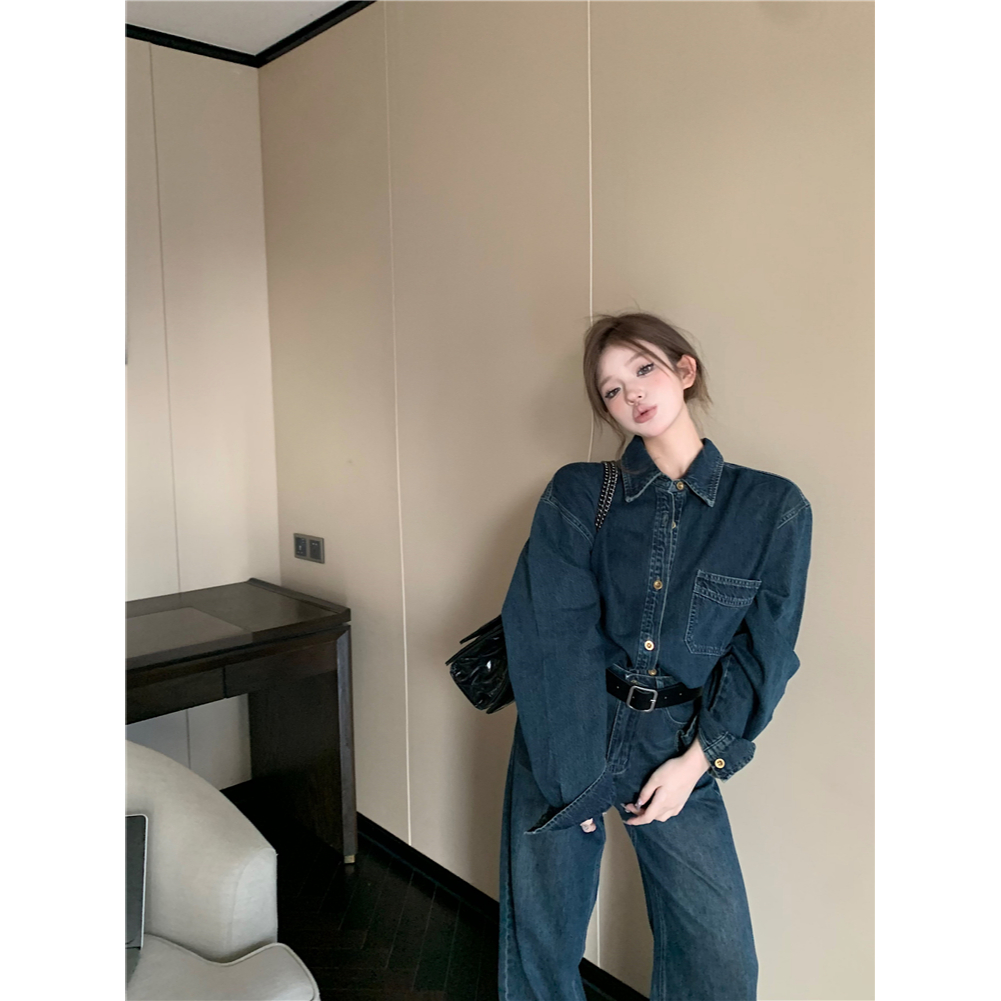 Set Áo Sơ Mi denim Dài Tay Cổ Bẻ + Quần denim Dài Ống Rộng Thời Trang Nữ
