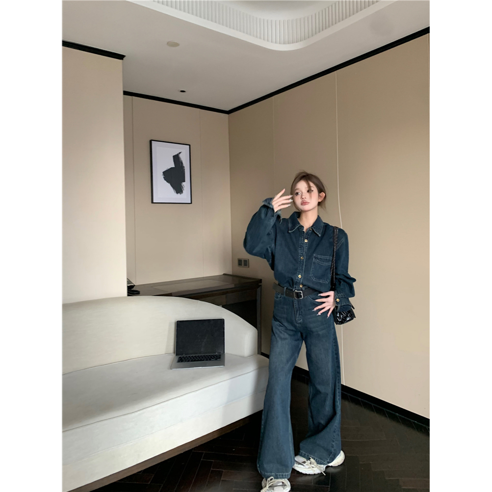 Set Áo Sơ Mi denim Dài Tay Cổ Bẻ + Quần denim Dài Ống Rộng Thời Trang Nữ