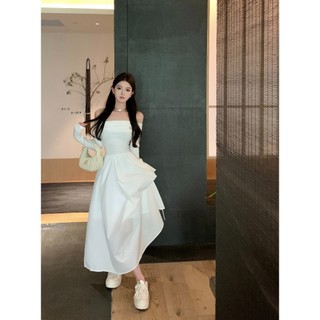 【COLORBLLIND】Đầm Dài Tay Trễ Vai Màu Trắng Cao Cấp Thời Trang