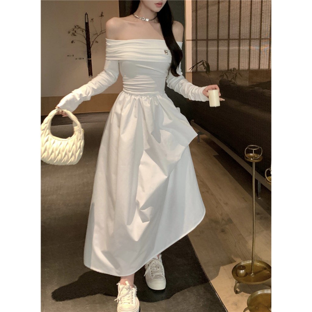 Đầm Dài Tay Trễ Vai Màu Trắng Cao Cấp Thời Trang