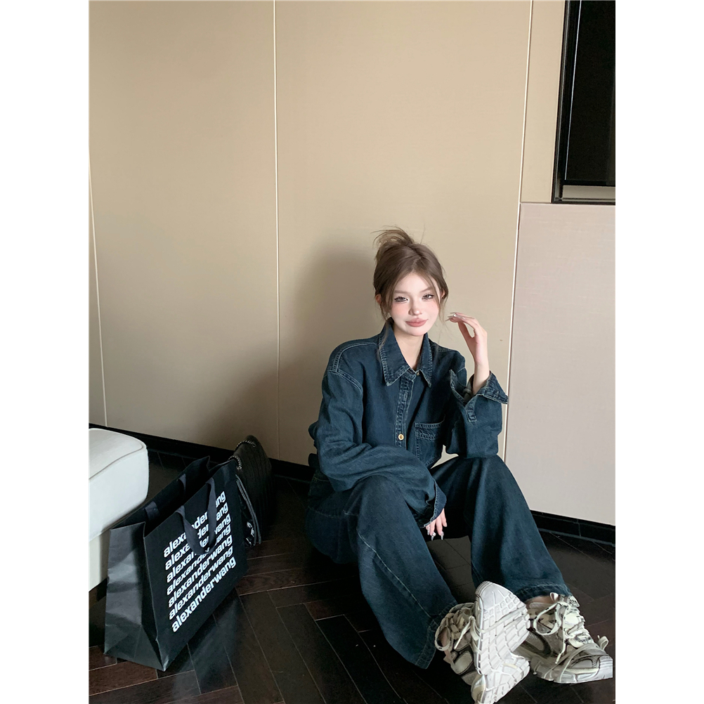 Set Áo Sơ Mi denim Dài Tay Cổ Bẻ + Quần denim Dài Ống Rộng Thời Trang Nữ