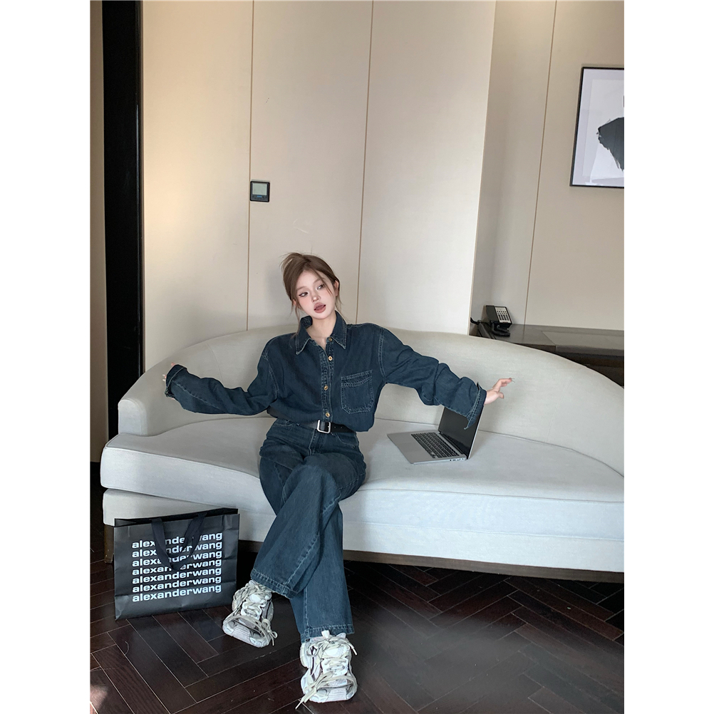 Set Áo Sơ Mi denim Dài Tay Cổ Bẻ + Quần denim Dài Ống Rộng Thời Trang Nữ