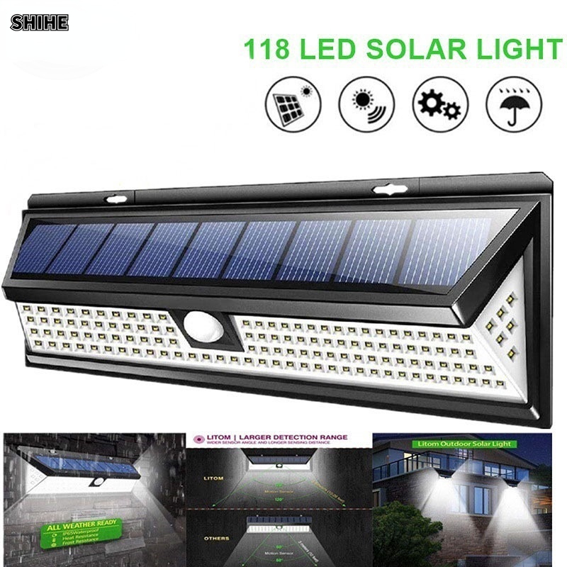 SHIHE Đèn tường cảm biến cơ thể năng lượng mặt trời 118LED Đèn sân vườn năng lượng mặt trời Chiếu sáng ngoài trời không thấm nước