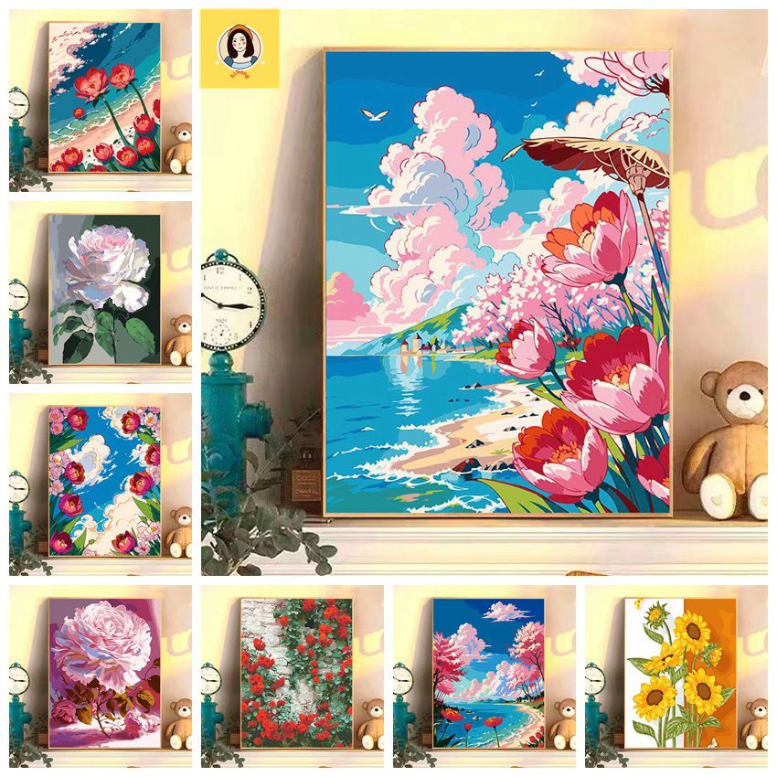 Ainong✨-30*40cm/40*50cm-tranh tô màu theo số--tranh sơn dầu số hoá--tranh tô màu theo số theo yêu cầu--tranh số hóa--Những bông hoa đẹp của sơn dầu kỹ thuật số--tranh số hóa mini-Tranh Sơn Dầu acrylic Hình Hoa tulip Và Hoa Hồng