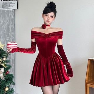Dễ Thương Đầm Nhung Chữ a Tay Dài Hở Vai Thanh Lịch Quyến Rũ Cho Nữ