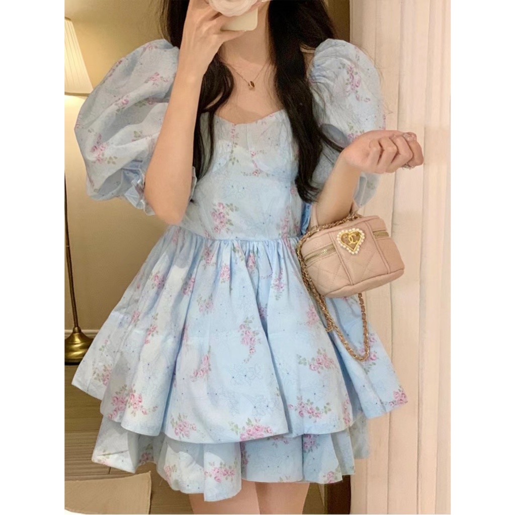 Ruo Bei  Xuan    Đầm Tay Phồng Màu Xanh Dương Nhẹ Nhàng Kiểu Pháp Thời Trang Mùa Hè Cho Nữ