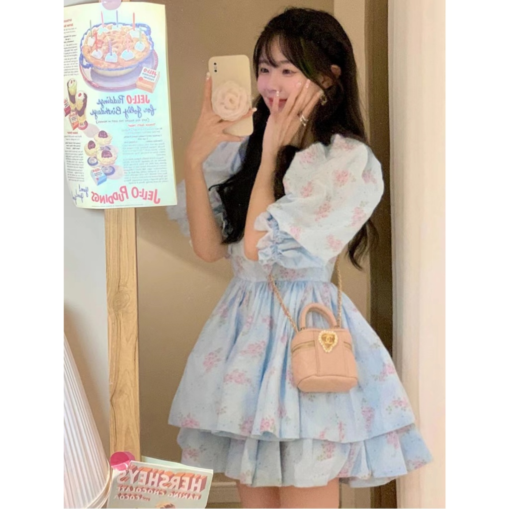 Ruo Bei  Xuan    Đầm Tay Phồng Màu Xanh Dương Nhẹ Nhàng Kiểu Pháp Thời Trang Mùa Hè Cho Nữ