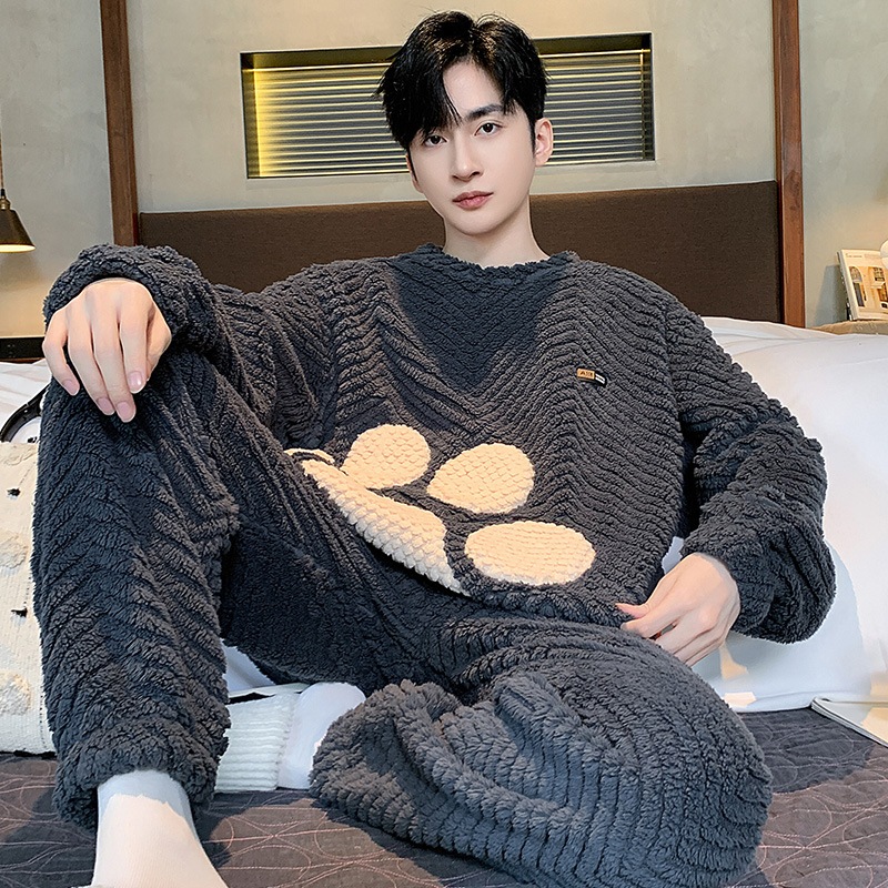 Bộ Đồ Ngủ Nhung San Hô Dày Dặn Ấm Áp Mùa Thu Đông Cho Nam / l-3xl