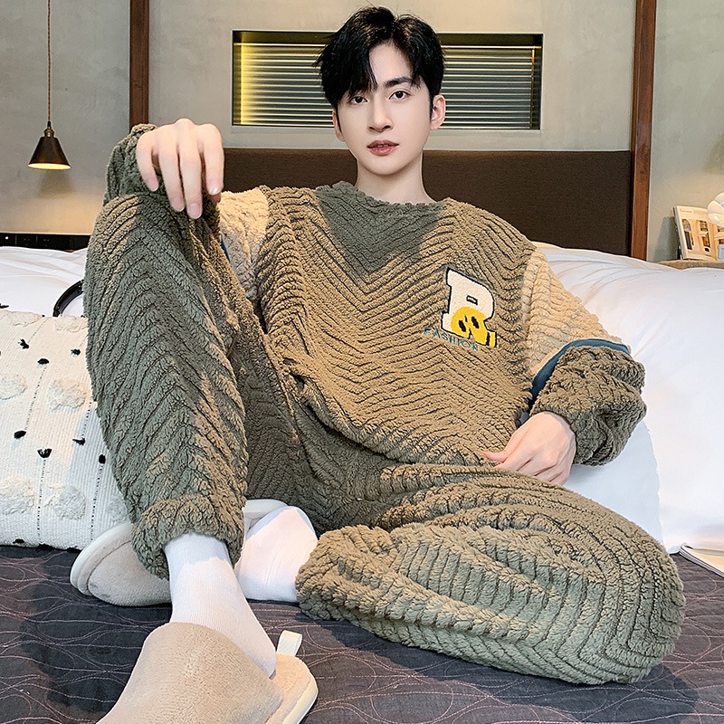 Bộ Đồ Ngủ Nhung San Hô Dày Dặn Ấm Áp Mùa Thu Đông Cho Nam / l-3xl