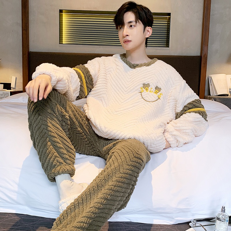 Bộ Đồ Ngủ Nhung San Hô Dày Dặn Ấm Áp Mùa Thu Đông Cho Nam / l-3xl