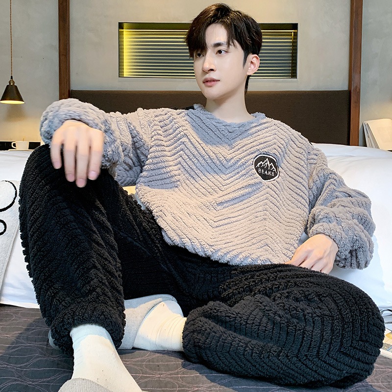 Bộ Đồ Ngủ Nhung San Hô Dày Dặn Ấm Áp Mùa Thu Đông Cho Nam / l-3xl