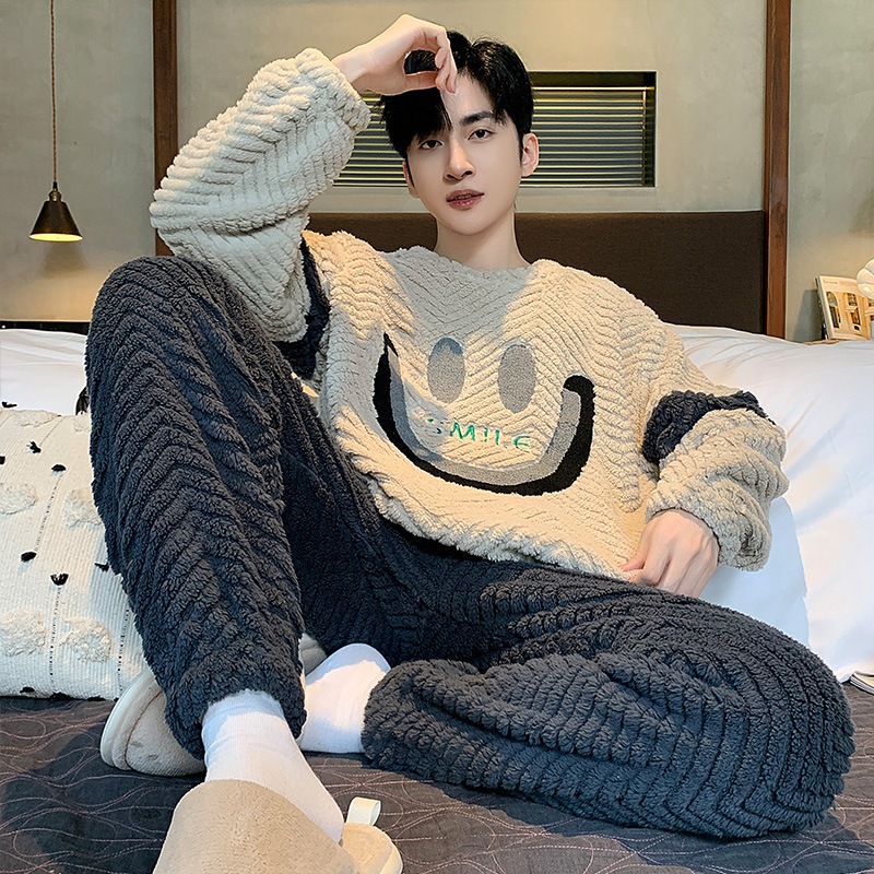 Bộ Đồ Ngủ Nhung San Hô Dày Dặn Ấm Áp Mùa Thu Đông Cho Nam / l-3xl