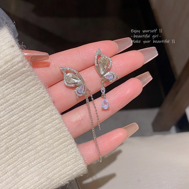 Bông Tai Mạ Bạc 925 Hình Bướm Đính Kim Cương Phong Cách Hàn Quốc Sang Trọng Cho Nữ