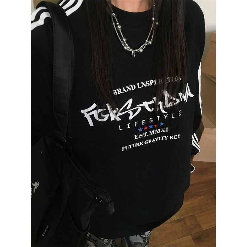 Ethelgirl Áo Nỉ Cổ Tròn Dáng Rộng Họa Tiết Kẻ Sọc Màu Đen Phong Cách Mỹ vintage Thời Trang Cho Nam Và Nữ