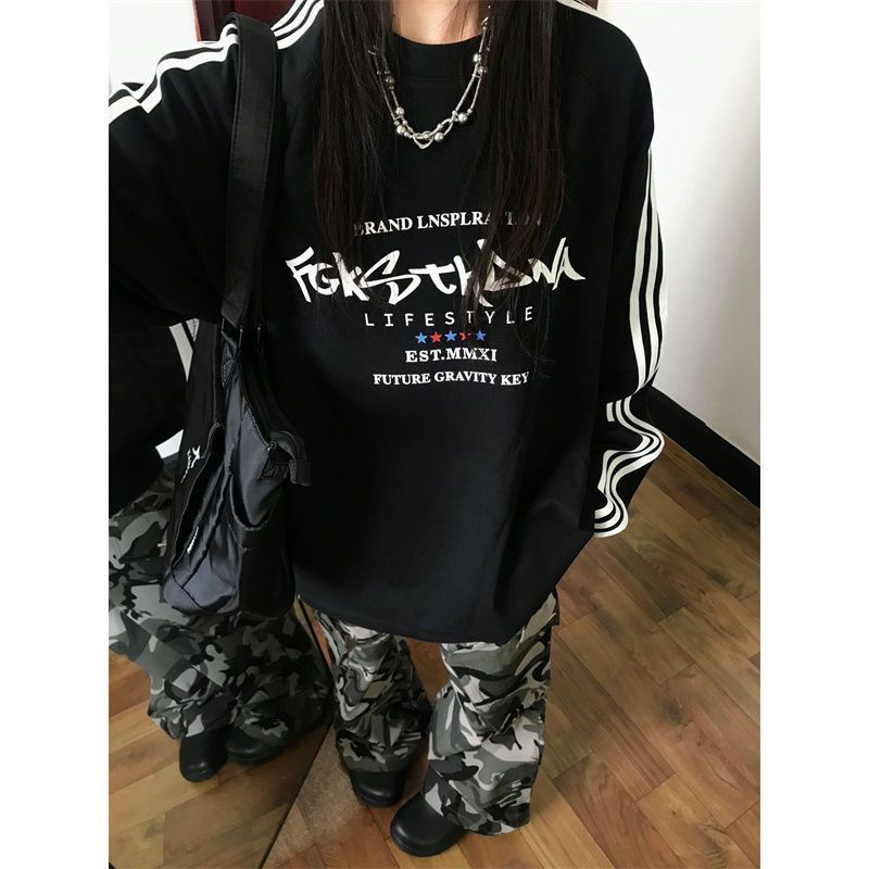 Ethelgirl Áo Nỉ Cổ Tròn Dáng Rộng Họa Tiết Kẻ Sọc Màu Đen Phong Cách Mỹ vintage Thời Trang Cho Nam Và Nữ