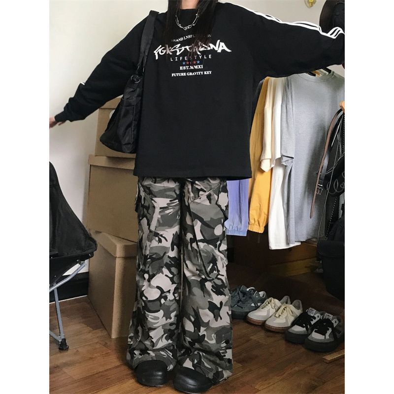 Ethelgirl Áo Nỉ Cổ Tròn Dáng Rộng Họa Tiết Kẻ Sọc Màu Đen Phong Cách Mỹ vintage Thời Trang Cho Nam Và Nữ