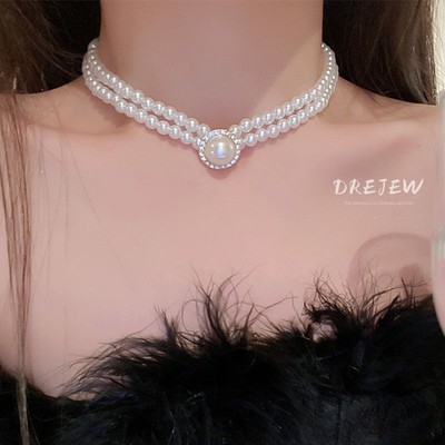 DREJEW Vòng Cổ Hình Tròn đính Kim Cương Kiểu Hai Lớp Cổ đIển Pháp Dây Chuyền Xương đòn Hợp ThờI Trang Khí Chất Dây Chuyền Ngọc Trai