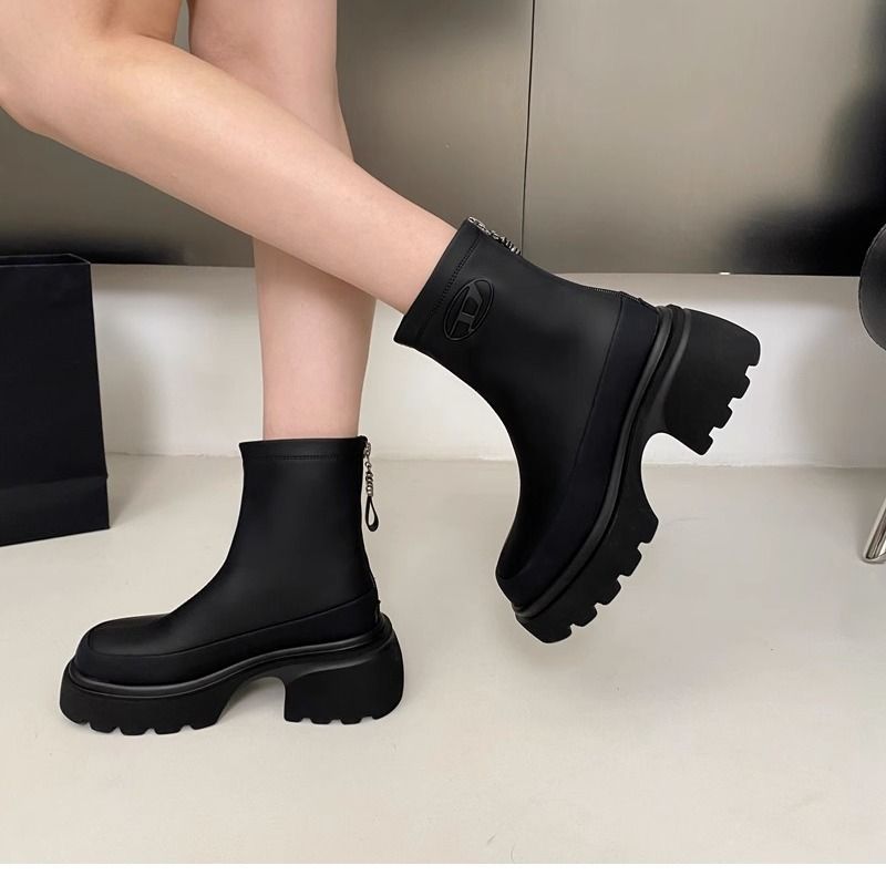 Đen Giày Bốt Cao Gót 6cm Bằng Da Màu Xám Chống Thấm Nước Và Chống Trượt Thời Trang Cho Nữ