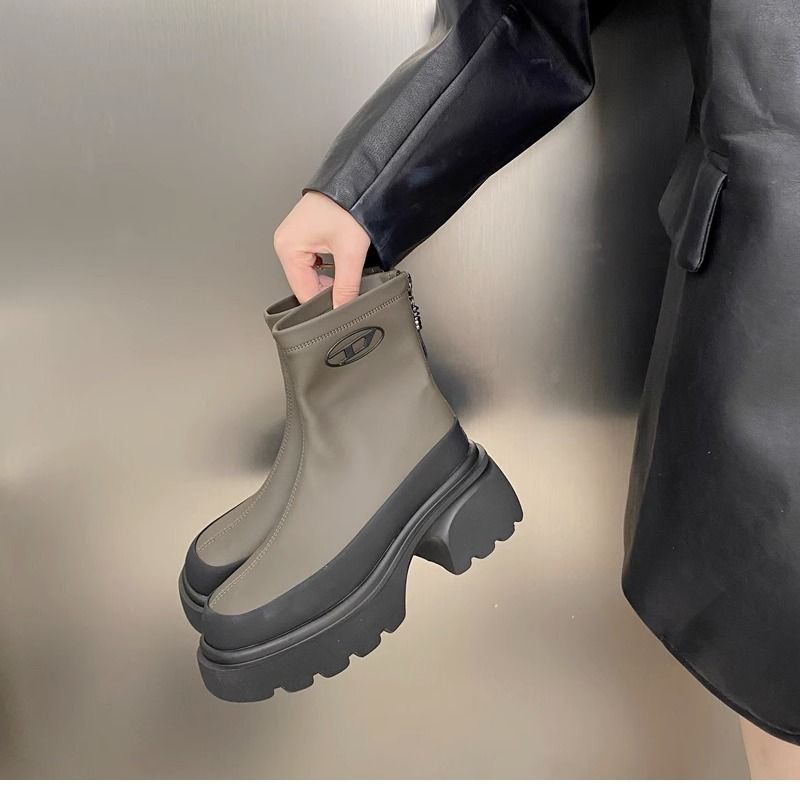 Đen Giày Bốt Cao Gót 6cm Bằng Da Màu Xám Chống Thấm Nước Và Chống Trượt Thời Trang Cho Nữ