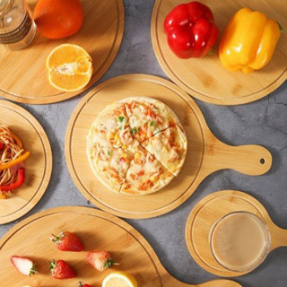 Khay gỗ tròn có tay nắm , khay pizza gỗ tre kết cấu rõ ràng bàn tay thoải mái hình tròn đĩa phục vụ bằng