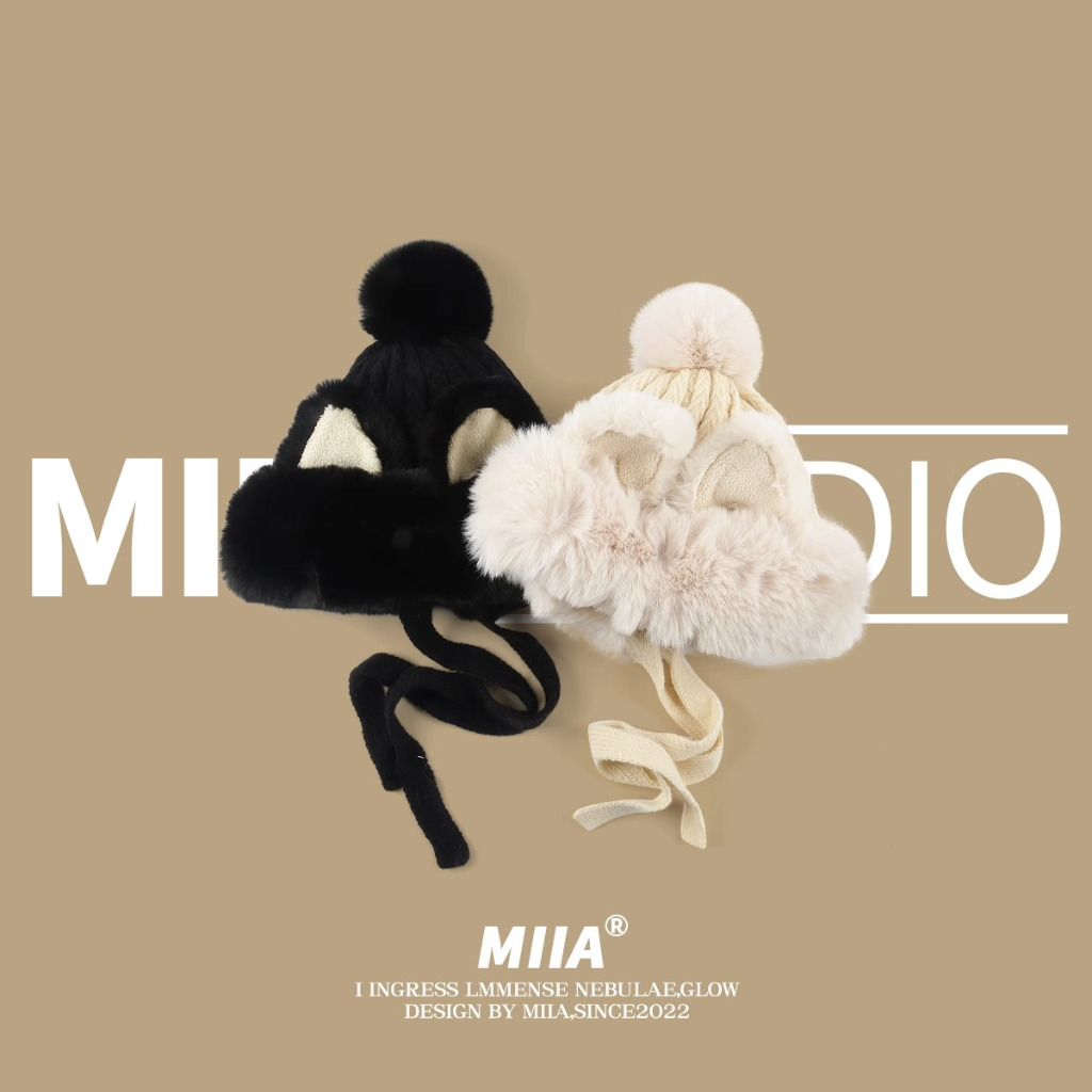 Mũ Len Trùm Tai Phối Dây Cột Hình Tai Cáo Dễ Thương Phong Cách Nhật Bản Thời Trang Thu Đông Cho Nữ