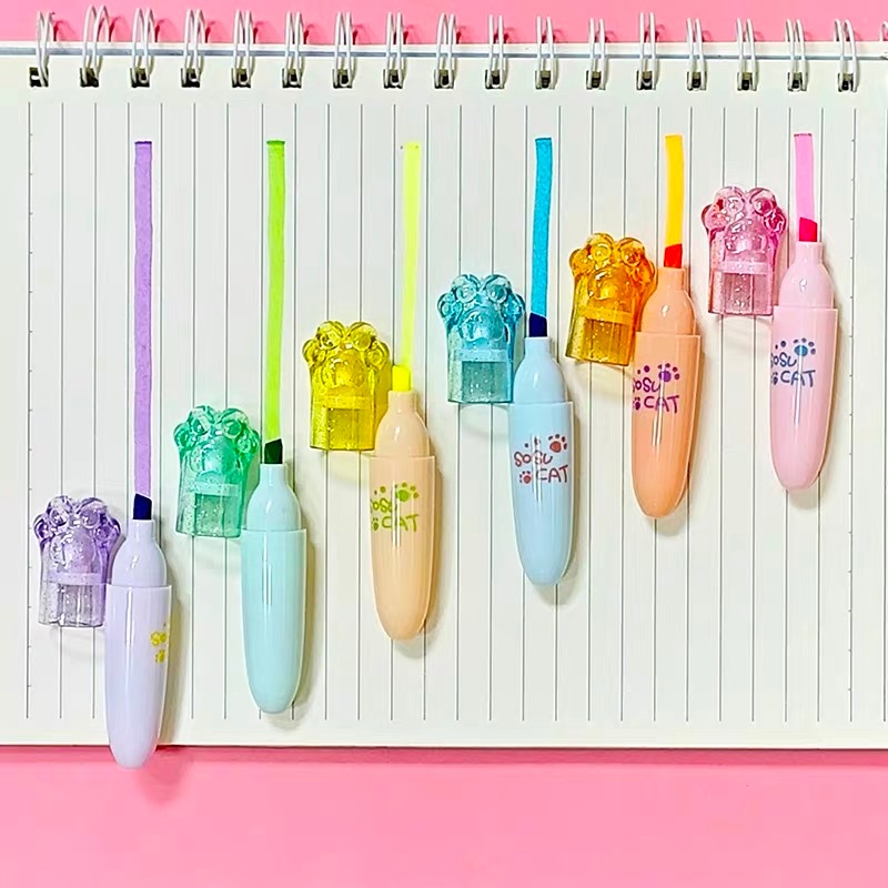 Bút nhớ dạ quang đánh dấu highlight học sinh vỉ 6 cây hình bàn chân mèo kèm túi zip xinh xắn