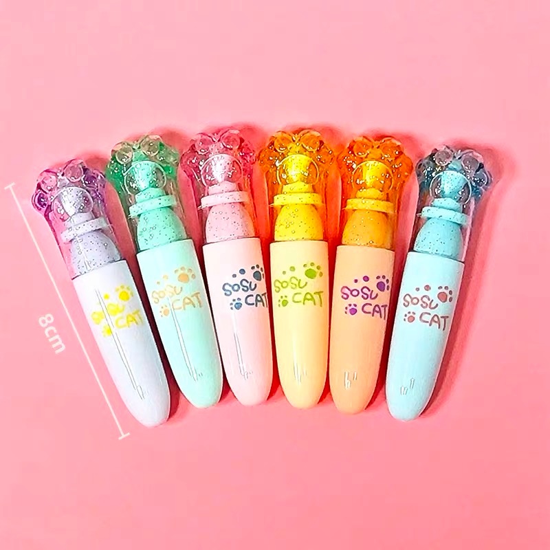 Bút nhớ dạ quang đánh dấu highlight học sinh vỉ 6 cây hình bàn chân mèo kèm túi zip xinh xắn
