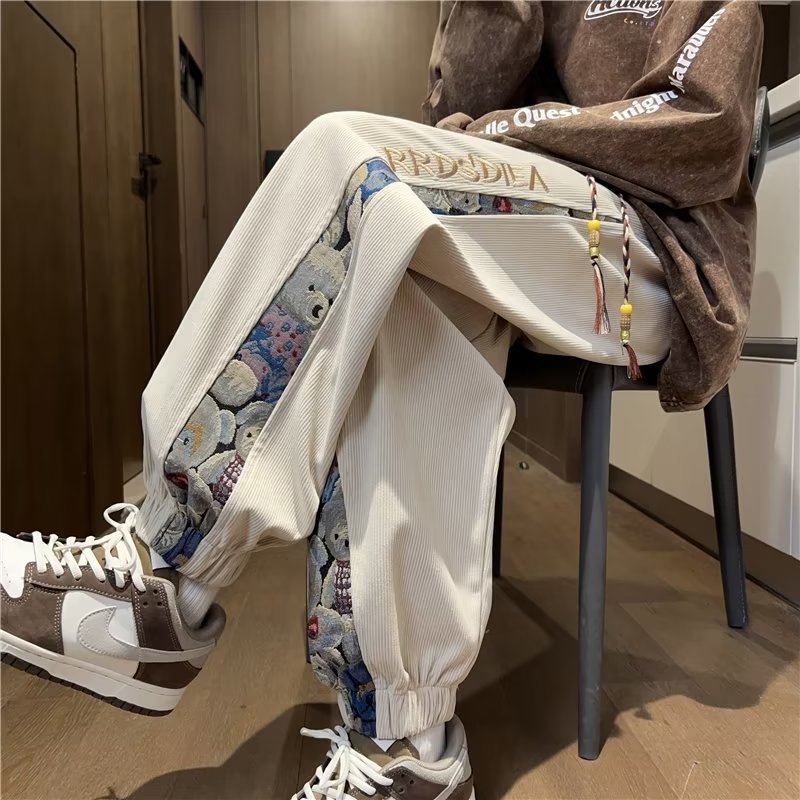 Quần Thể Thao Rút Dây Dáng Rộng Bằng Vải Nhung Thêu Hình Gấu Phong Cách hip hop Mỹ Cổ Điển Thời Trang Mùa Thu Hàng Mới Dành Cho Bạn Nam Tuổi Teen