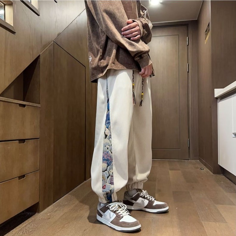 Quần Thể Thao Rút Dây Dáng Rộng Bằng Vải Nhung Thêu Hình Gấu Phong Cách hip hop Mỹ Cổ Điển Thời Trang Mùa Thu Hàng Mới Dành Cho Bạn Nam Tuổi Teen