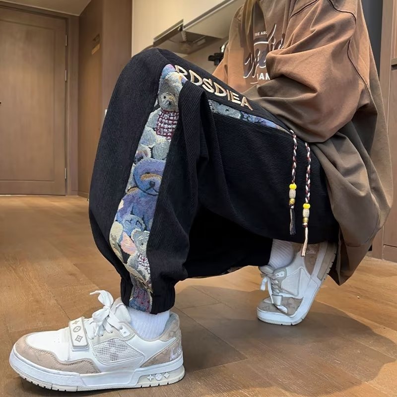 Quần Thể Thao Rút Dây Dáng Rộng Bằng Vải Nhung Thêu Hình Gấu Phong Cách hip hop Mỹ Cổ Điển Thời Trang Mùa Thu Hàng Mới Dành Cho Bạn Nam Tuổi Teen