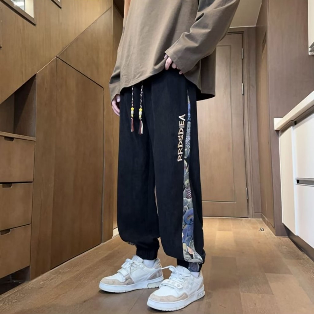 Quần Thể Thao Rút Dây Dáng Rộng Bằng Vải Nhung Thêu Hình Gấu Phong Cách hip hop Mỹ Cổ Điển Thời Trang Mùa Thu Hàng Mới Dành Cho Bạn Nam Tuổi Teen