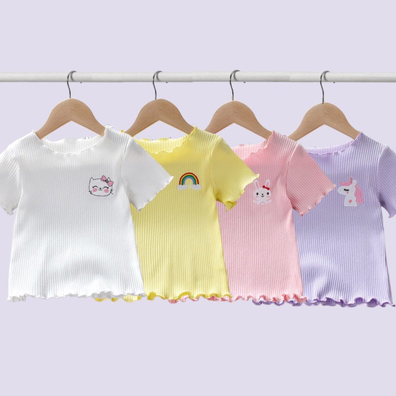Áo Thun Lụa Lạnh In Hình Kỳ Lân / Thỏ / Cầu Vồng Dễ Thương Thời Trang Mùa Hè Cho Bé Gái