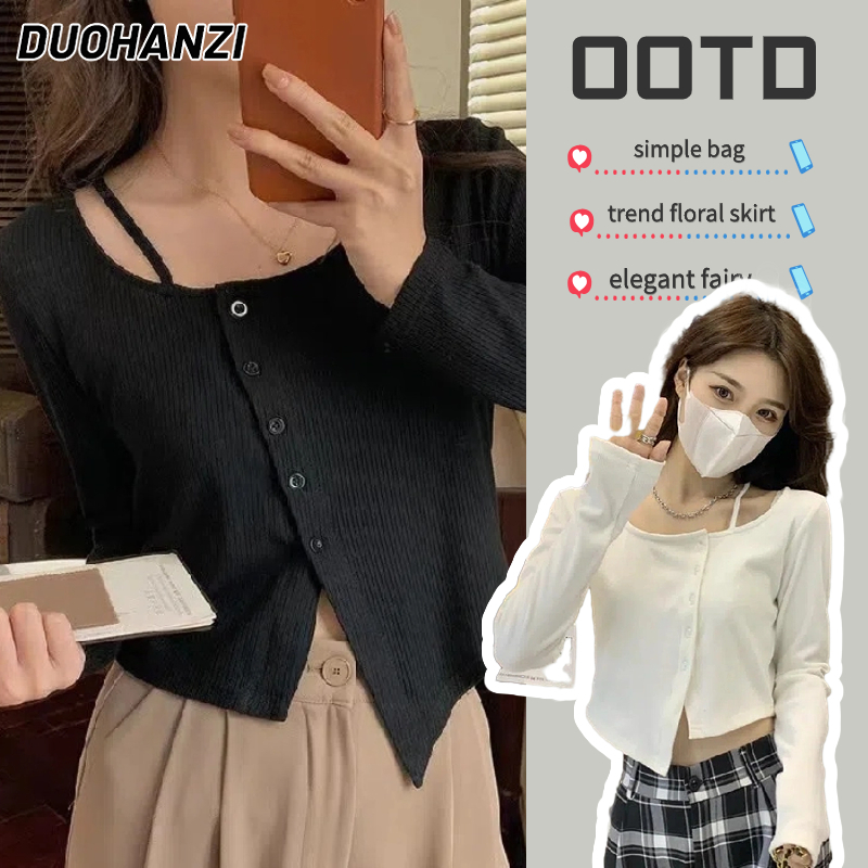 DUOHANZI Áo dáng ngắn màu trơn thời trang