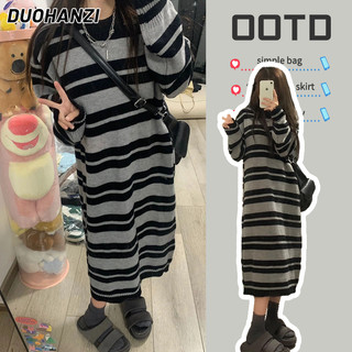 DUOHANZI   Đầm Dệt Kim Dài Qua Gối Dáng Rộng Họa Tiết Kẻ Sọc Thời Trang Thu Đông Phong Cách Mới Dành Cho Nữ
