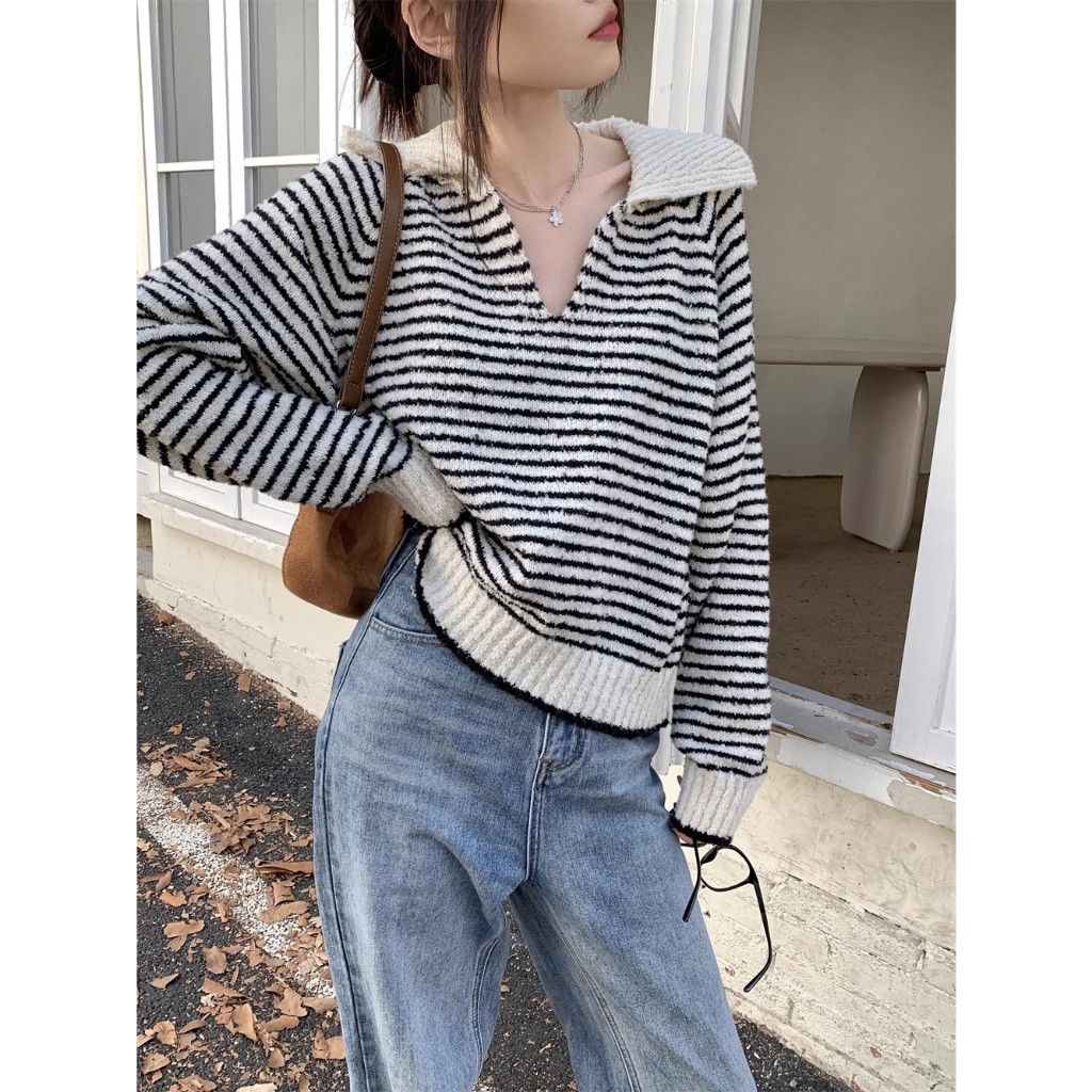 Áo sweater Cổ polo Dáng Rộng Thời Trang Thu Đông Cho Nữ